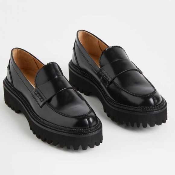 H&M Premium Selection Black Chunky Leather Loafers Womens Size 9 - Picture 1 of 7